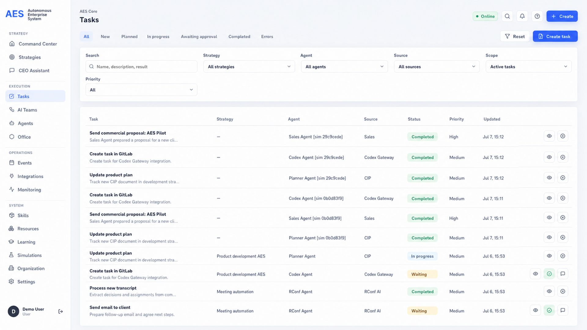 AES task execution and control interface
